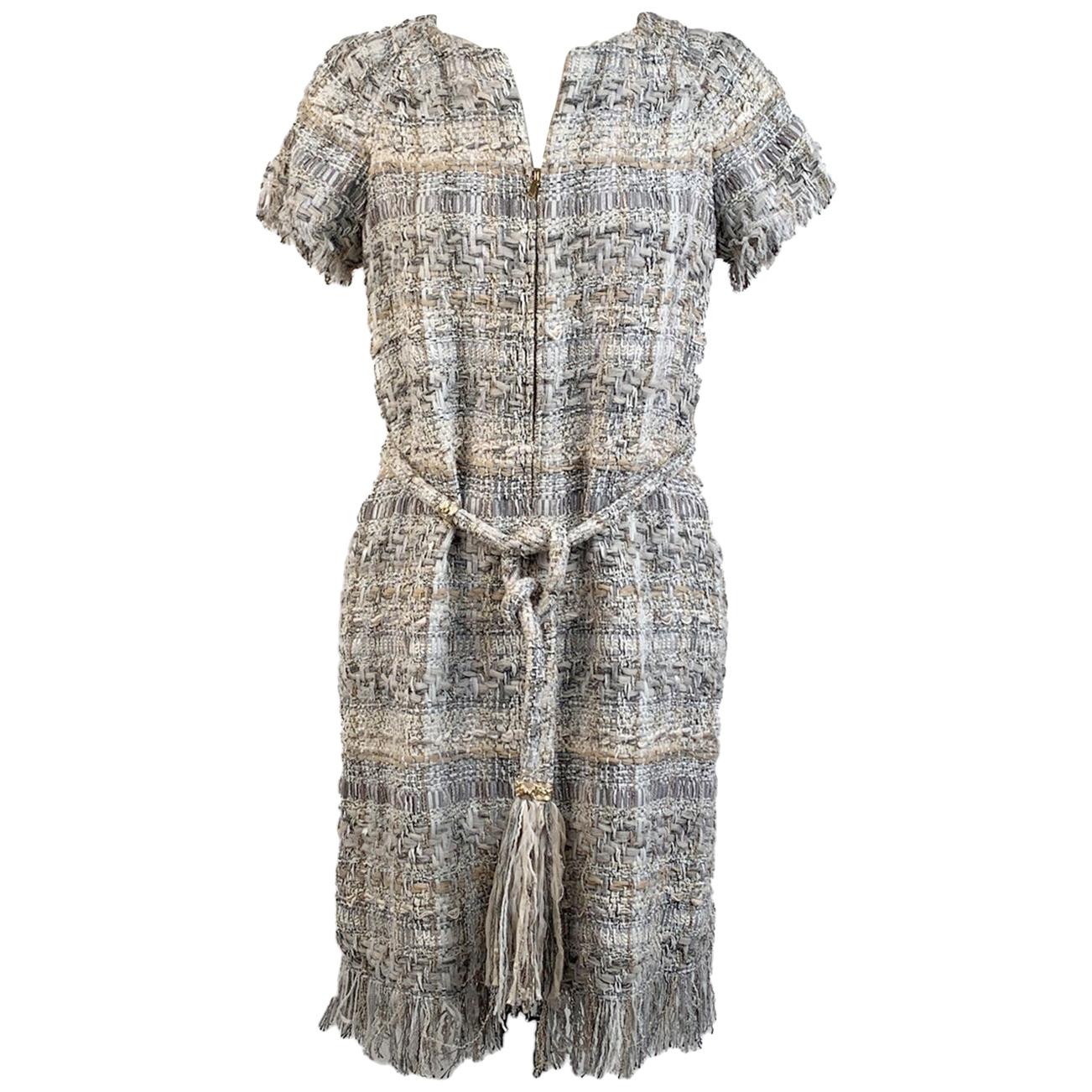 Chanel 2018 Gray Lesage Tweed Zip Up Dress Fringe Trim Size 34
