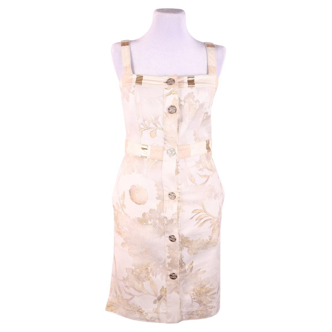Chanel 2018 Greece Gold Leather White Denim Mini Dress For Sale
