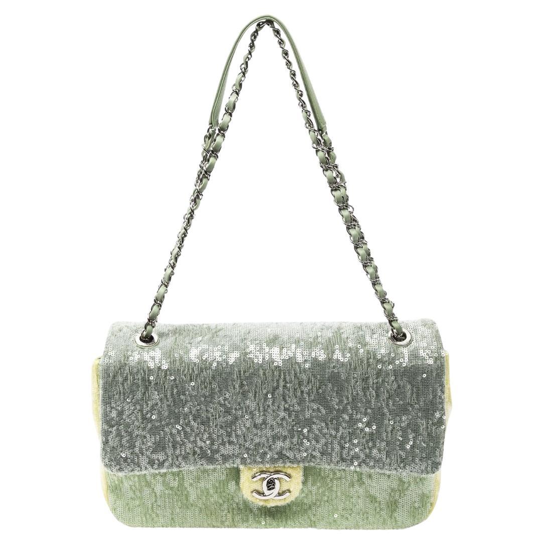 Chanel 2018 Green Sequin Jumbo Flap Bag For Sale