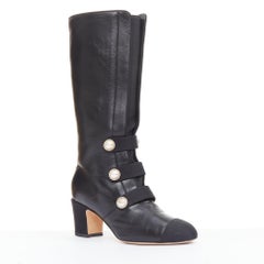 CHANEL 2018 leather gold CC logo pearl embellished military tall boots EU36