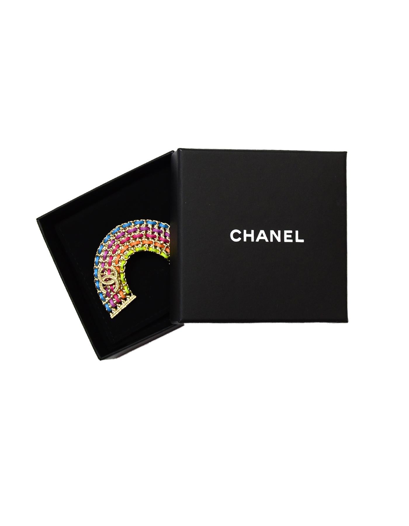 Chanel Leather Laced Chain Rainbow CC Brooch Pin W/ Box, Pouch

Made In:  Italy
Year of Production: 2018
Color: Rainbow- green/yellow, orange, pink, purple, blue 
Materials: Metal and leather 
Hallmarks:   On bottom- 