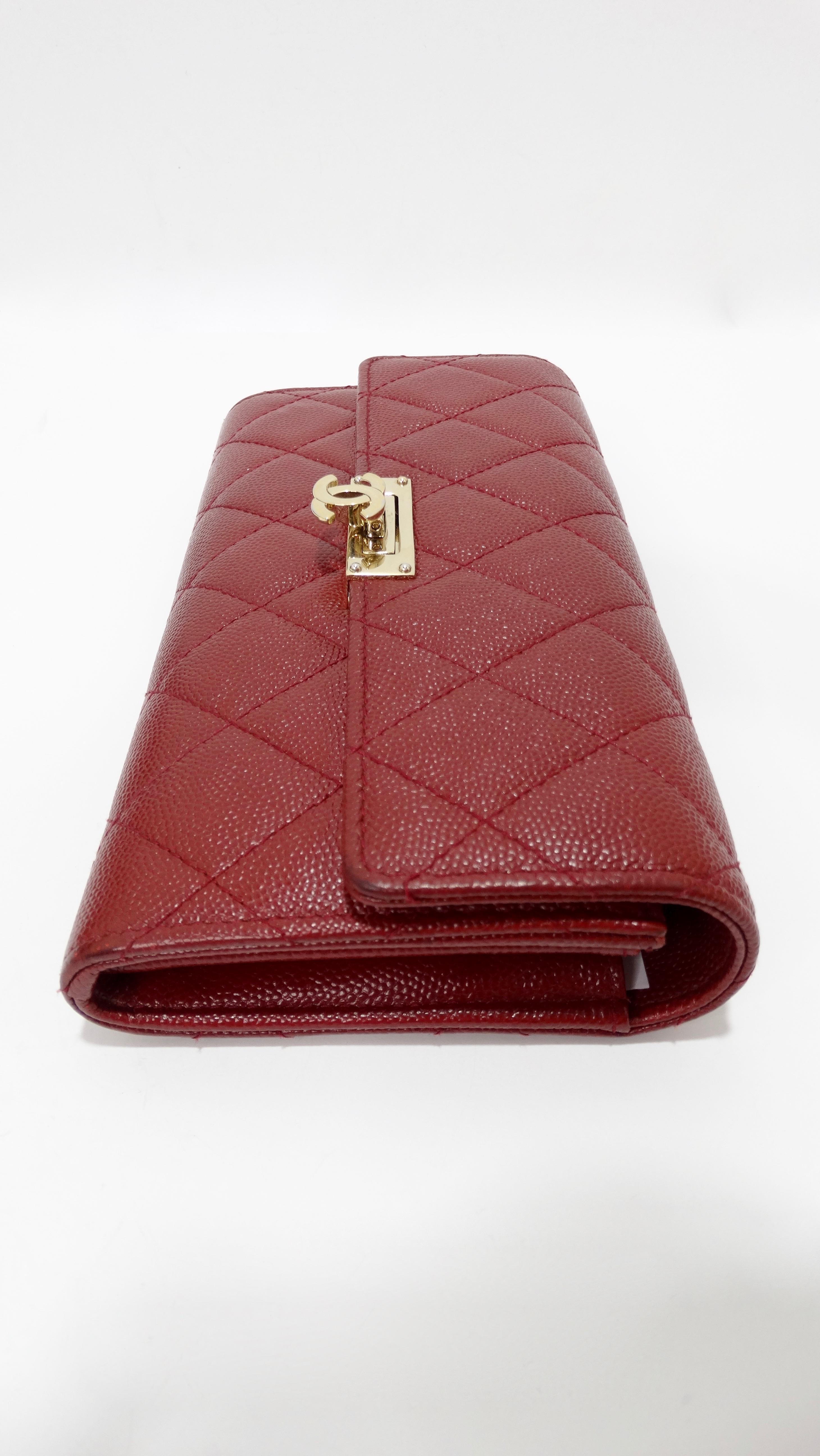 Your new everyday wallet is here! Circa 2018, this Chanel gusset wallet is crafted from lipstick red caviar leather and features Chanel's signature quilted stitching, gold hardware and a CC closure. Interior is lined with tonal soft leather and is