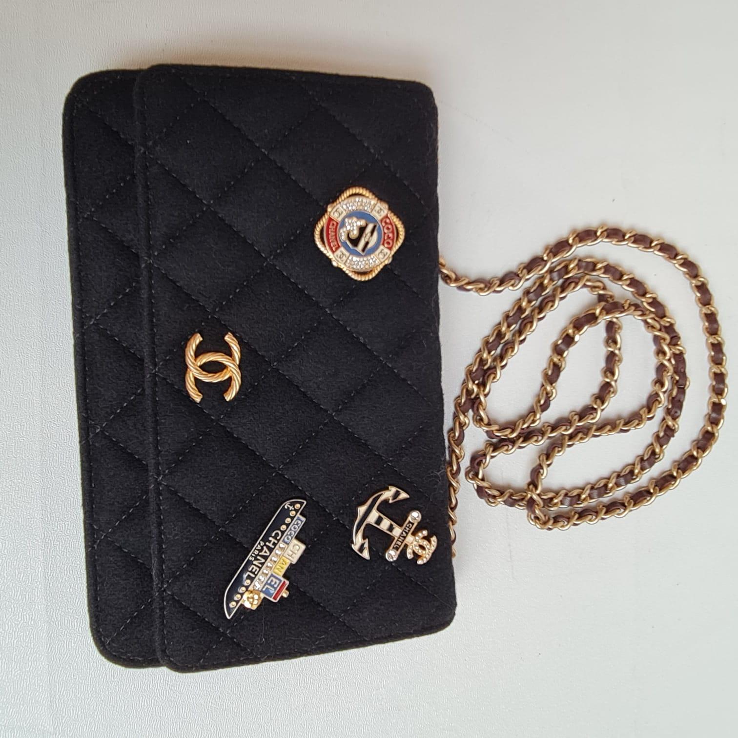 Women's or Men's Chanel 2018 Navy Paris-Hamburg Felt Quilted Sailor Charm Wallet on Chain