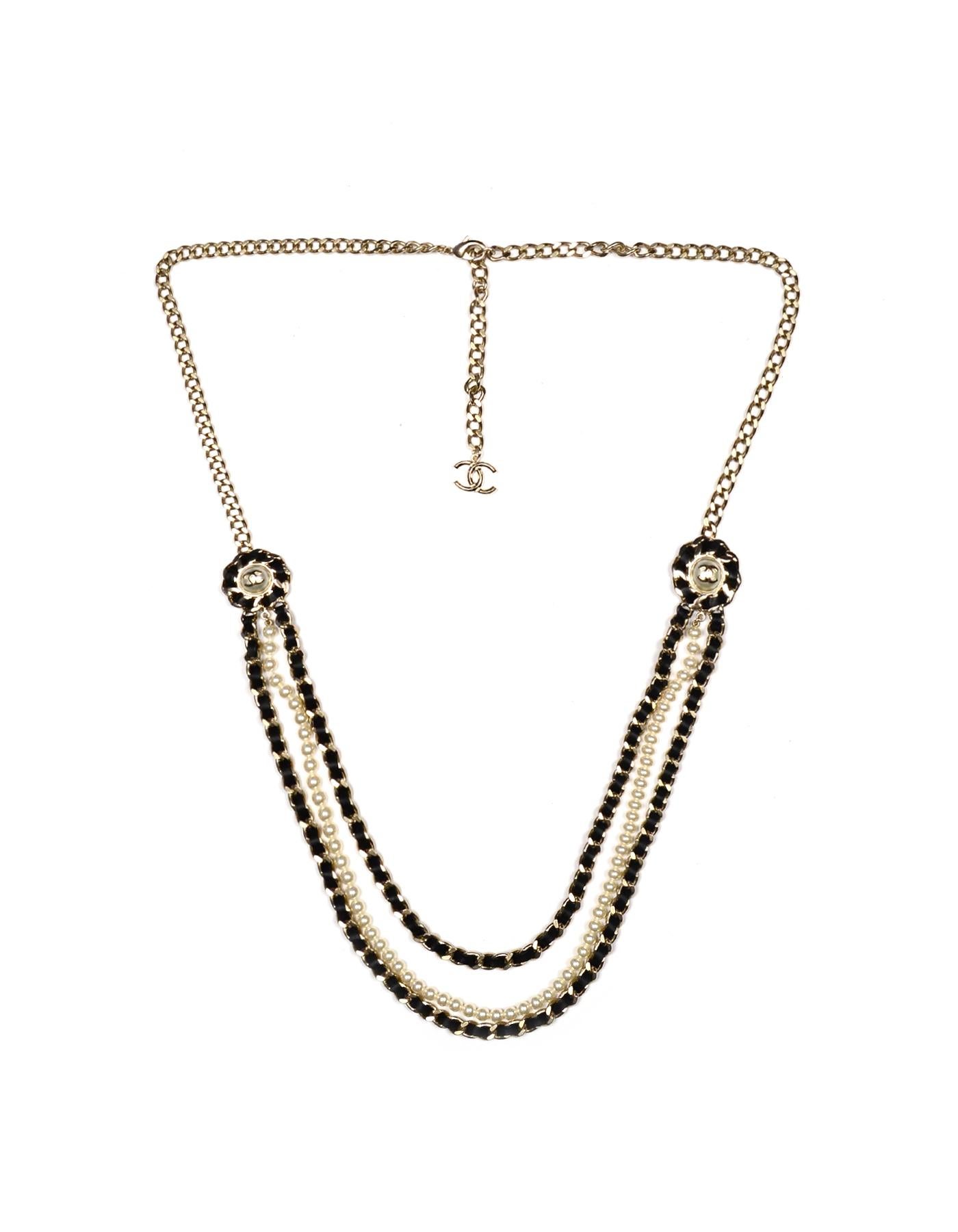 Chanel 2018 Pale Goldtone Multistrand Leather Lace/Faux Pearl CC Necklace 2