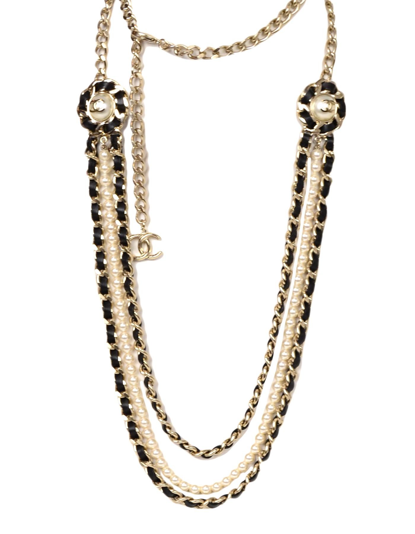 Chanel 2018 Pale Goldtone Multistrand Leather Lace/Faux Pearl CC Necklace 1