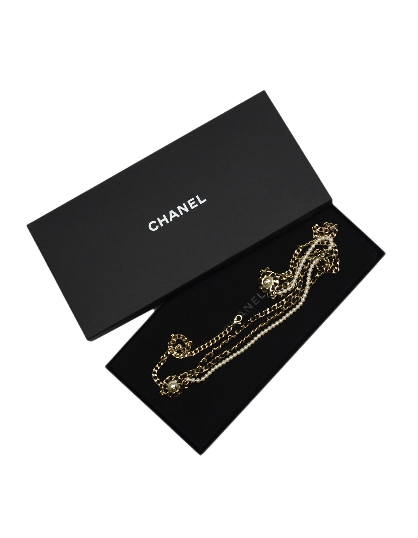 Chanel 2018 Pale Goldtone Multistrand Leather Lace/Faux Pearl CC Necklace 5
