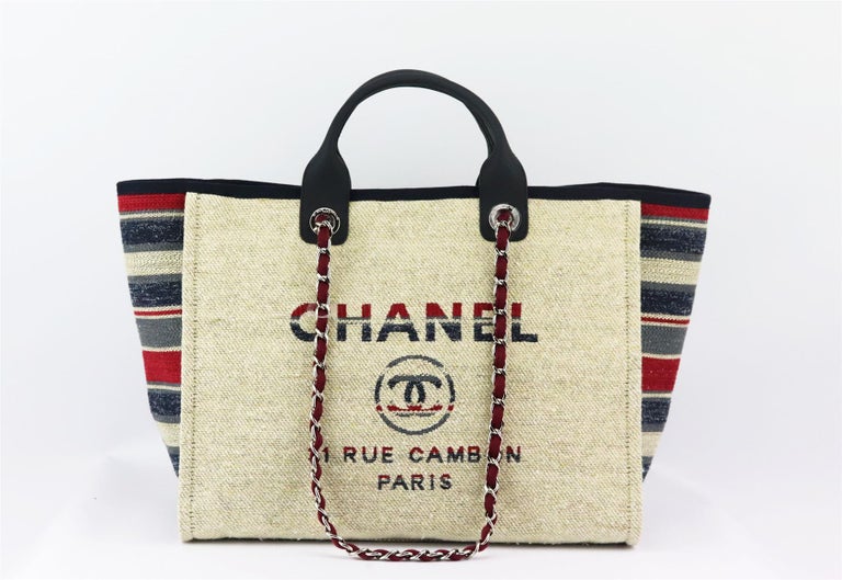 CHANEL Deauville Tote Large Navy Canvas Silver Hardware 2018 - BoutiQi Bags