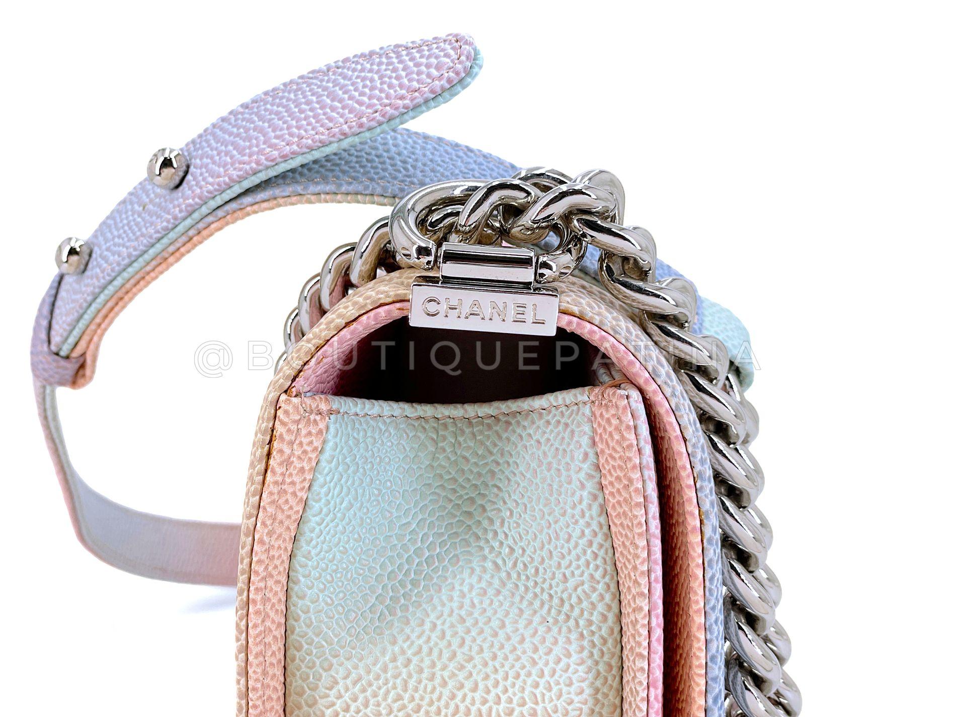 Chanel 2018 Pastel Rainbow Caviar Small Boy Flap Bag SHW 68414 In Excellent Condition In Costa Mesa, CA