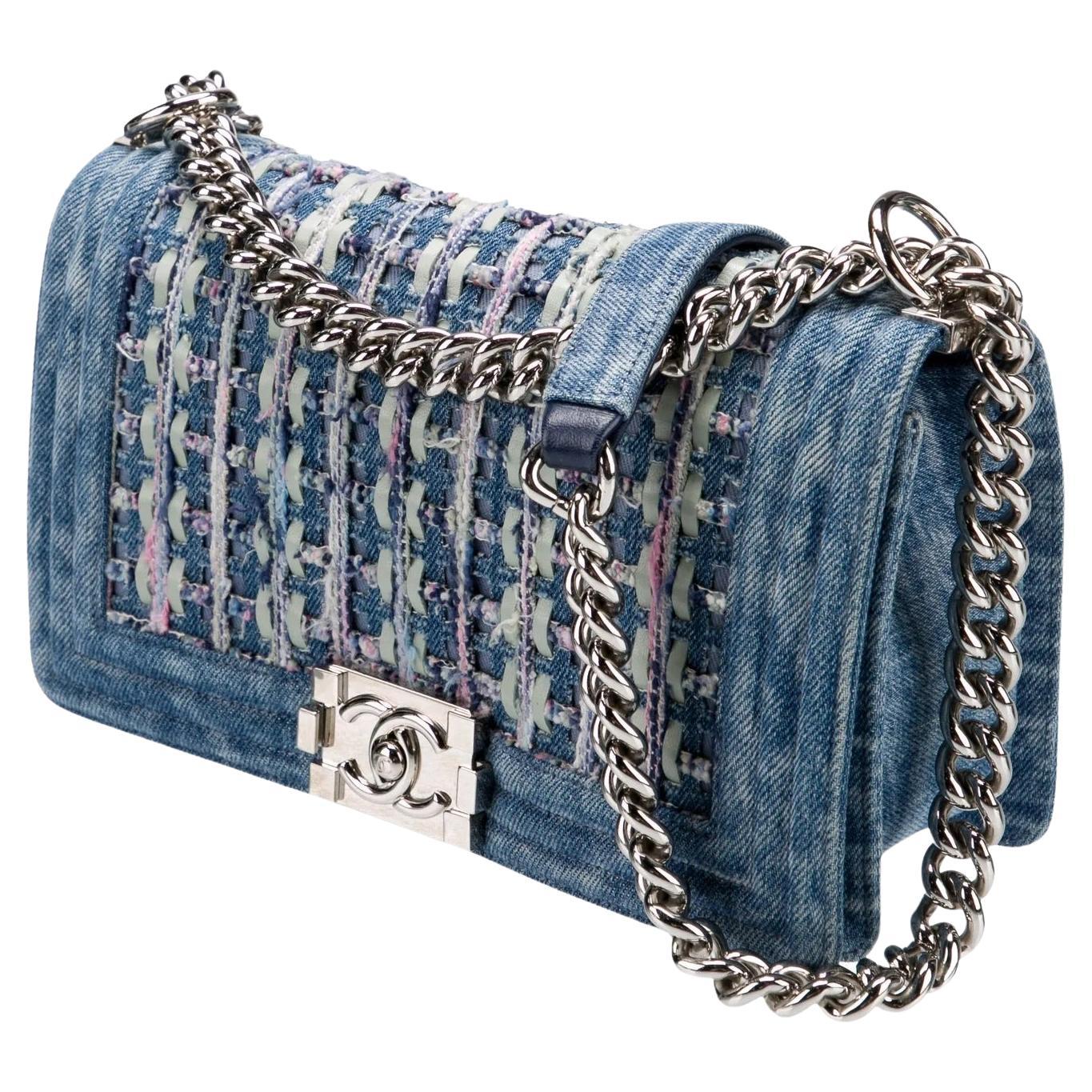 Gray Chanel 2018 Rare Denim Medium Classic Boy Flap Pastel Mint Purple Pink Tweed Bag For Sale
