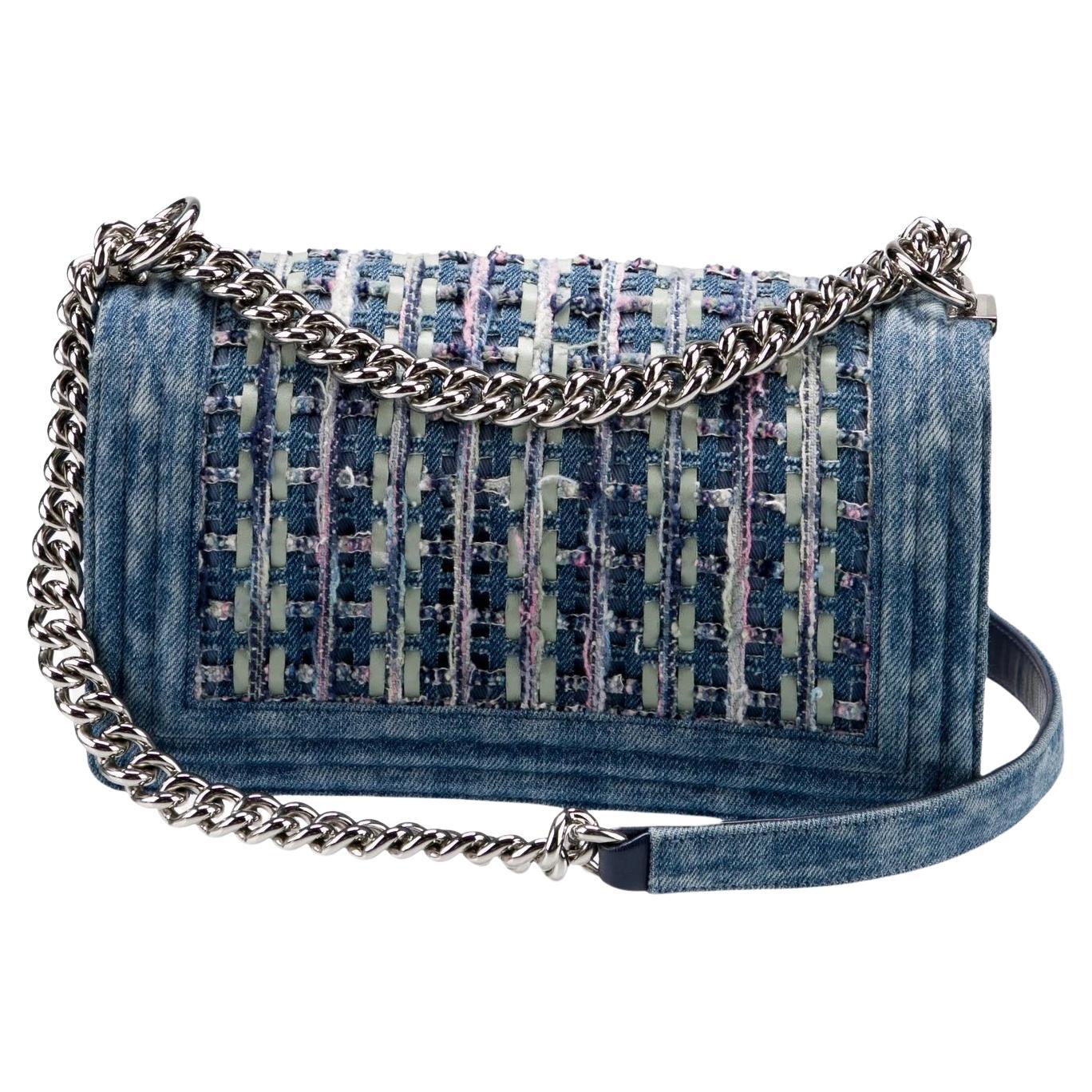 Chanel 2018 Rare Denim Medium Classic Boy Flap Pastel Mint Purple Pink Tweed Bag In Good Condition For Sale In Miami, FL