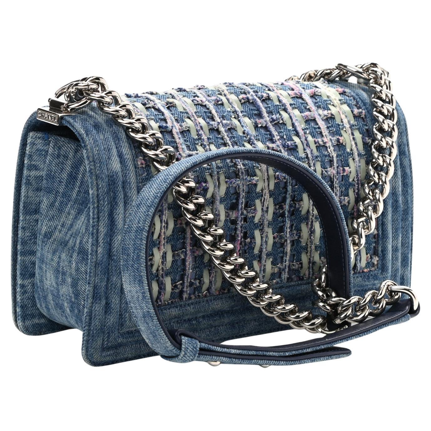 Women's or Men's Chanel 2018 Rare Denim Medium Classic Boy Flap Pastel Mint Purple Pink Tweed Bag For Sale