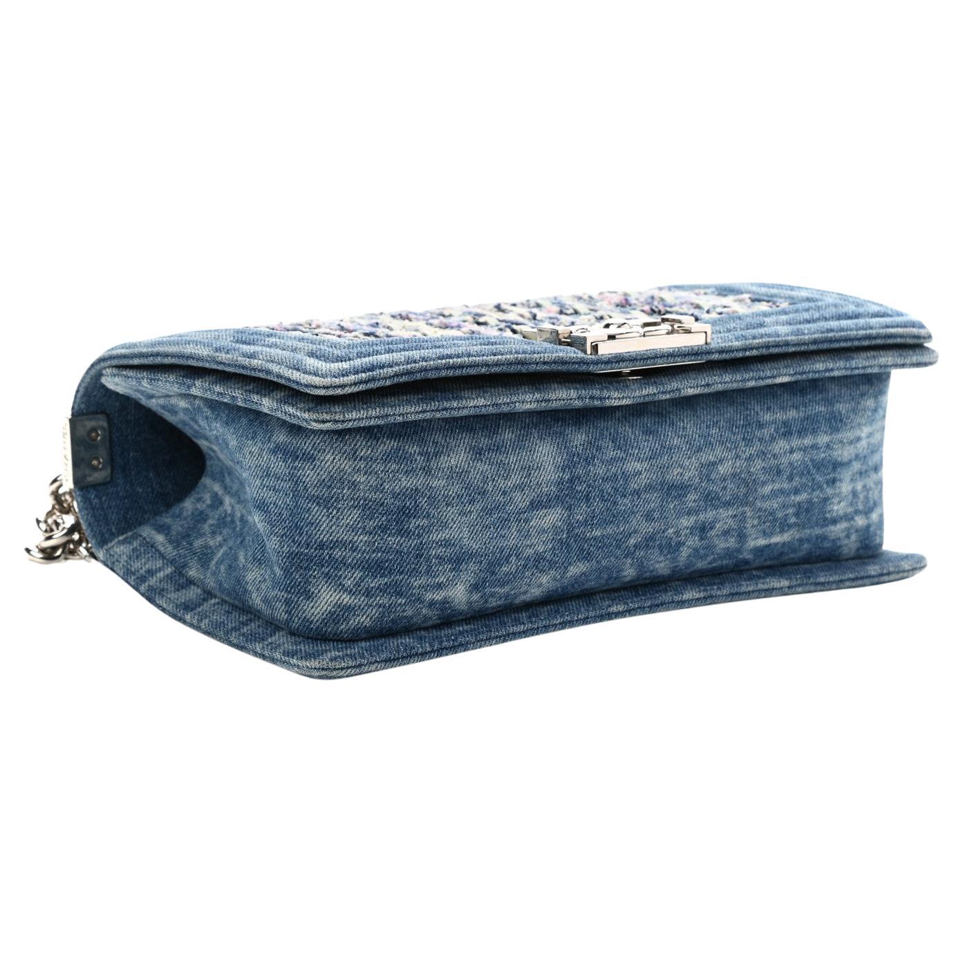 Chanel 2018 Rare Denim Medium Classic Boy Flap Pastel Mint Purple Pink Tweed Bag For Sale 1