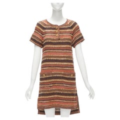 CHANEL 2018 Runway CC button brown striped linen cotton knit dress FR38 M