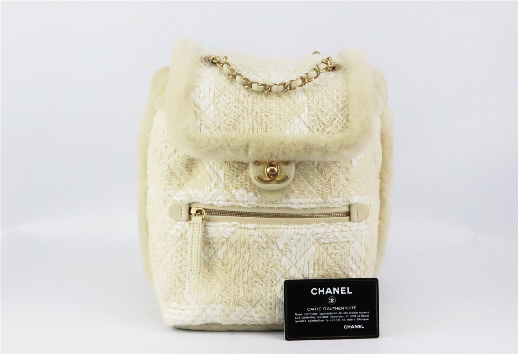 Beige Chanel 2018 Shearling Trimmed Quilted Tweed And Leather Backback