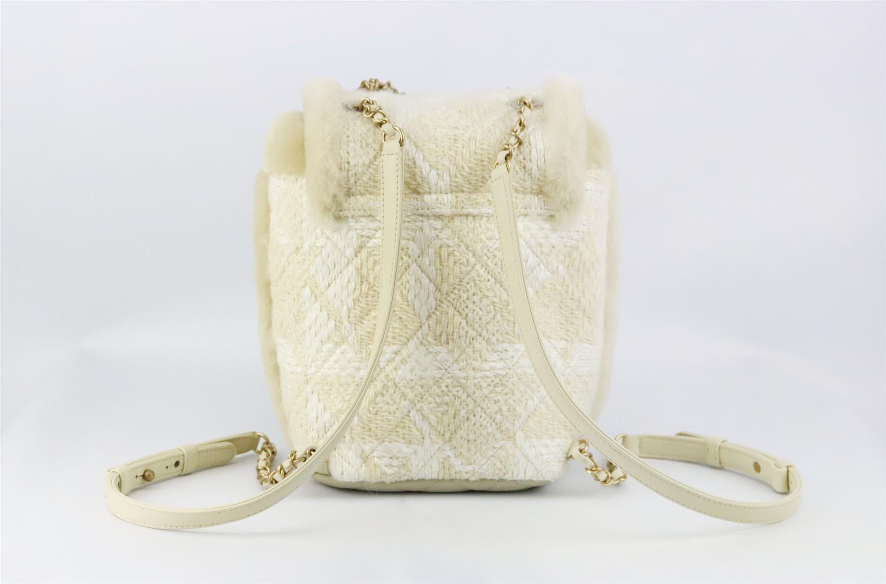 Women's Chanel 2018 Shearling Trimmed Quilted Tweed And Leather Backback
