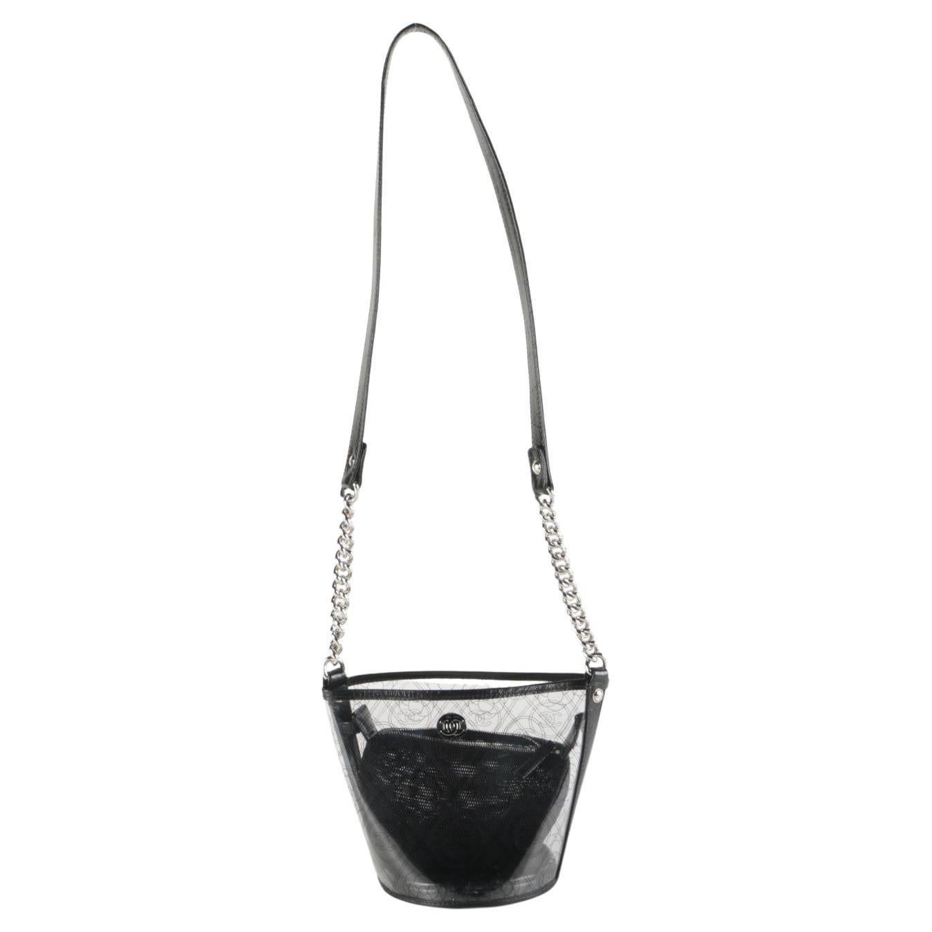 Women's or Men's Chanel 2018 Spring Summer Transparent Clear PVC Camellia Small Mini Bucket Bag For Sale