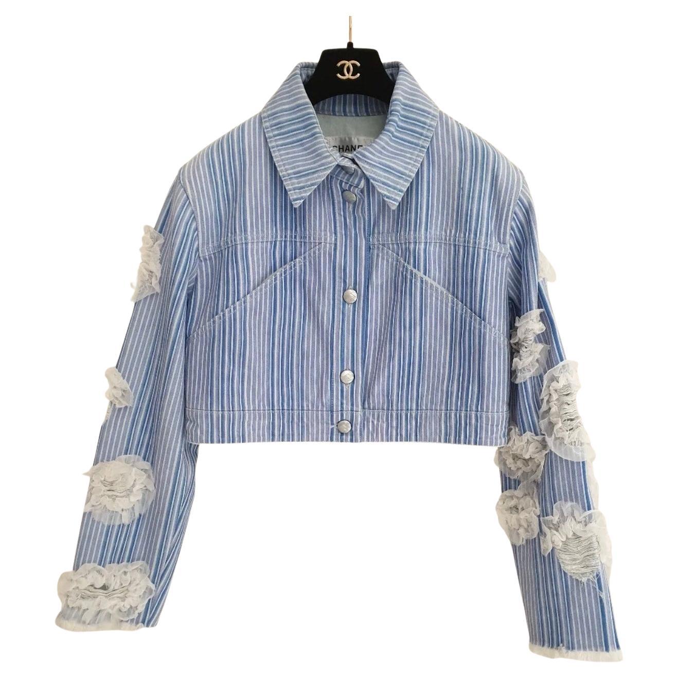 Chanel 2018 Striped Denim Jacket, Size 46