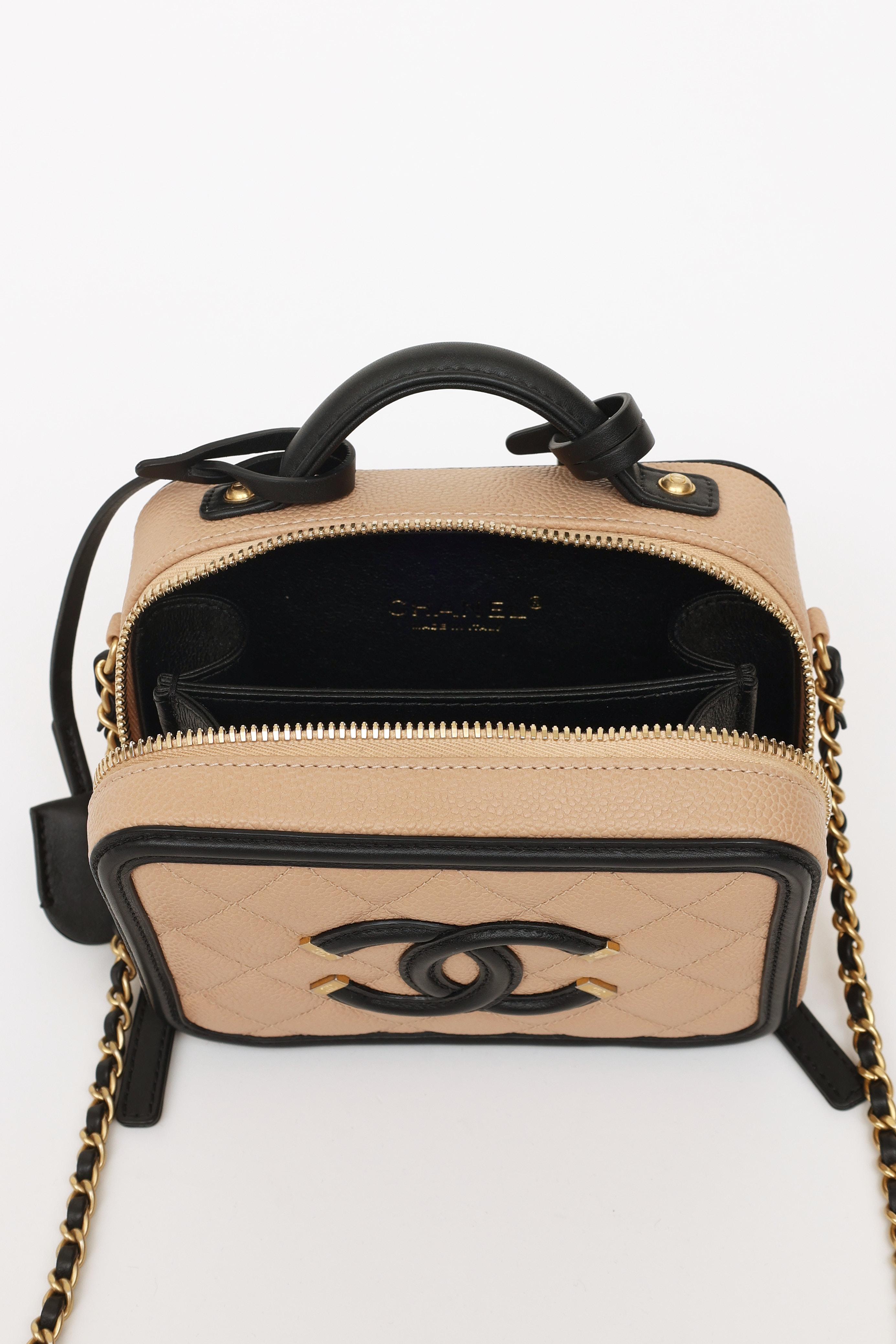 Chanel 2018 Tan & Black Caviar Filigree Vanity Case Small Bag 3
