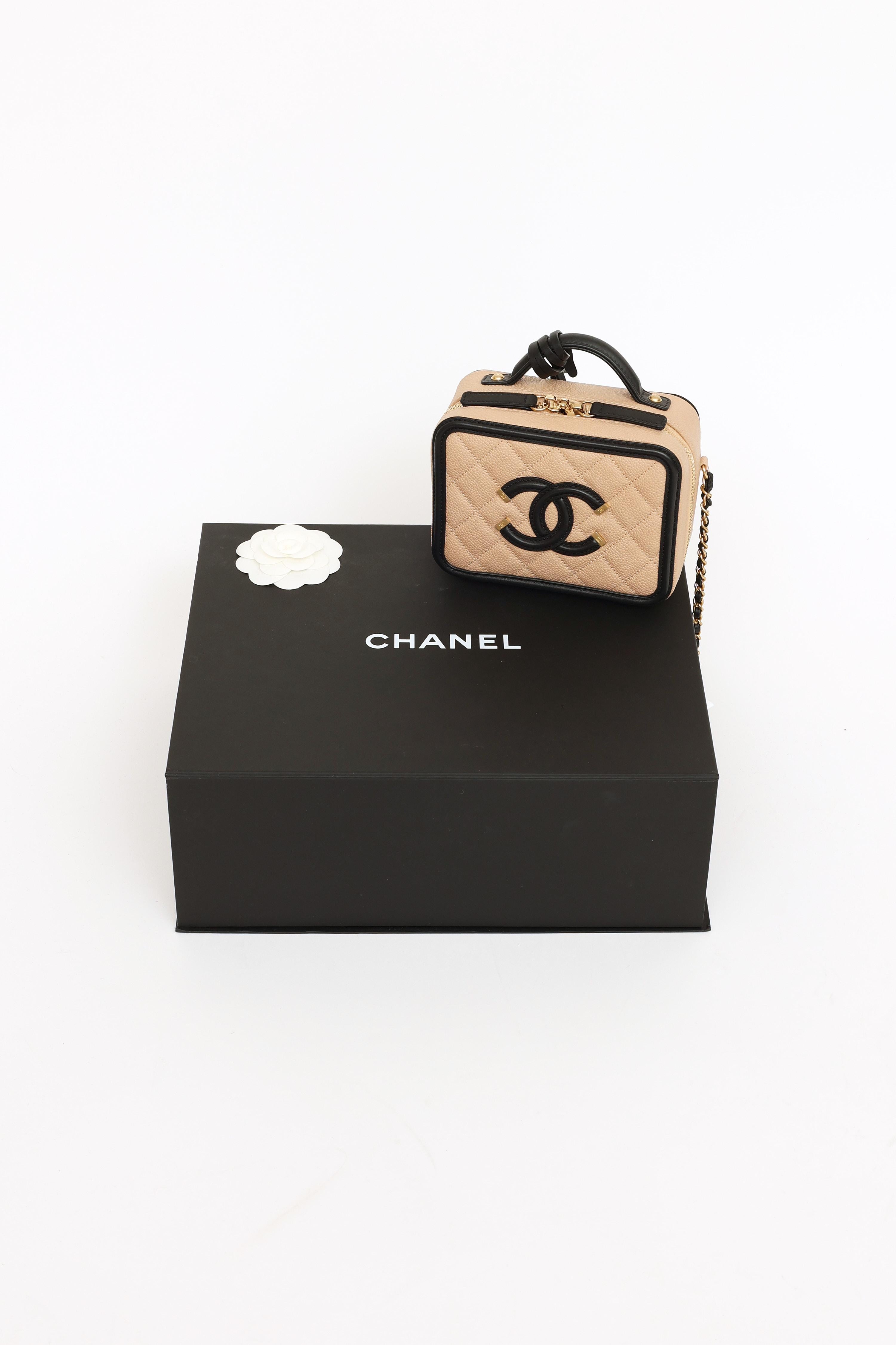 Chanel 2018 Tan & Black Caviar Filigree Vanity Case Small Bag 1
