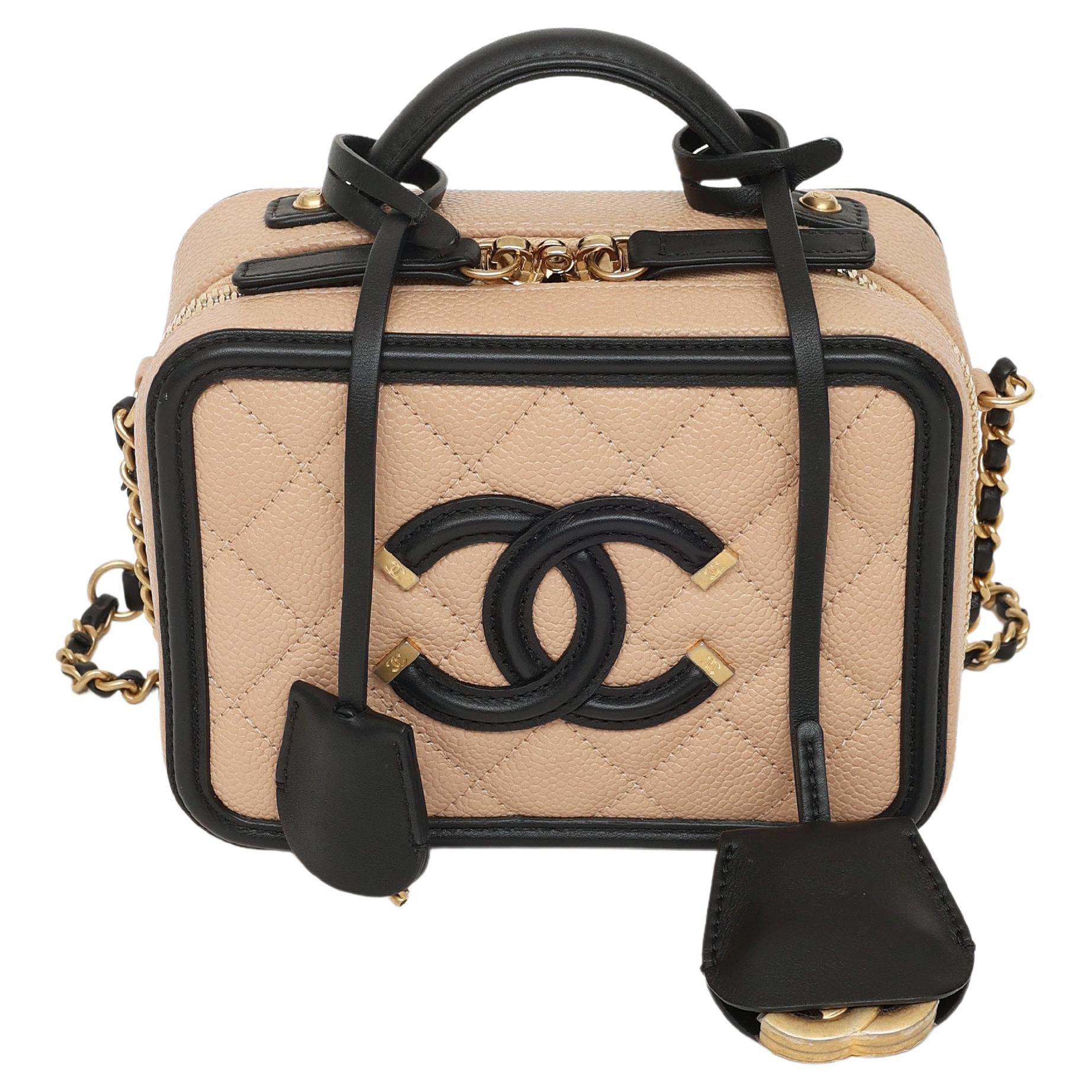 Chanel 2018 Tan and Black Caviar Filigree Vanity Case Small Bag at