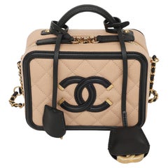 Chanel 2018 Tan & Black Caviar Filigree Vanity Case Small Bag