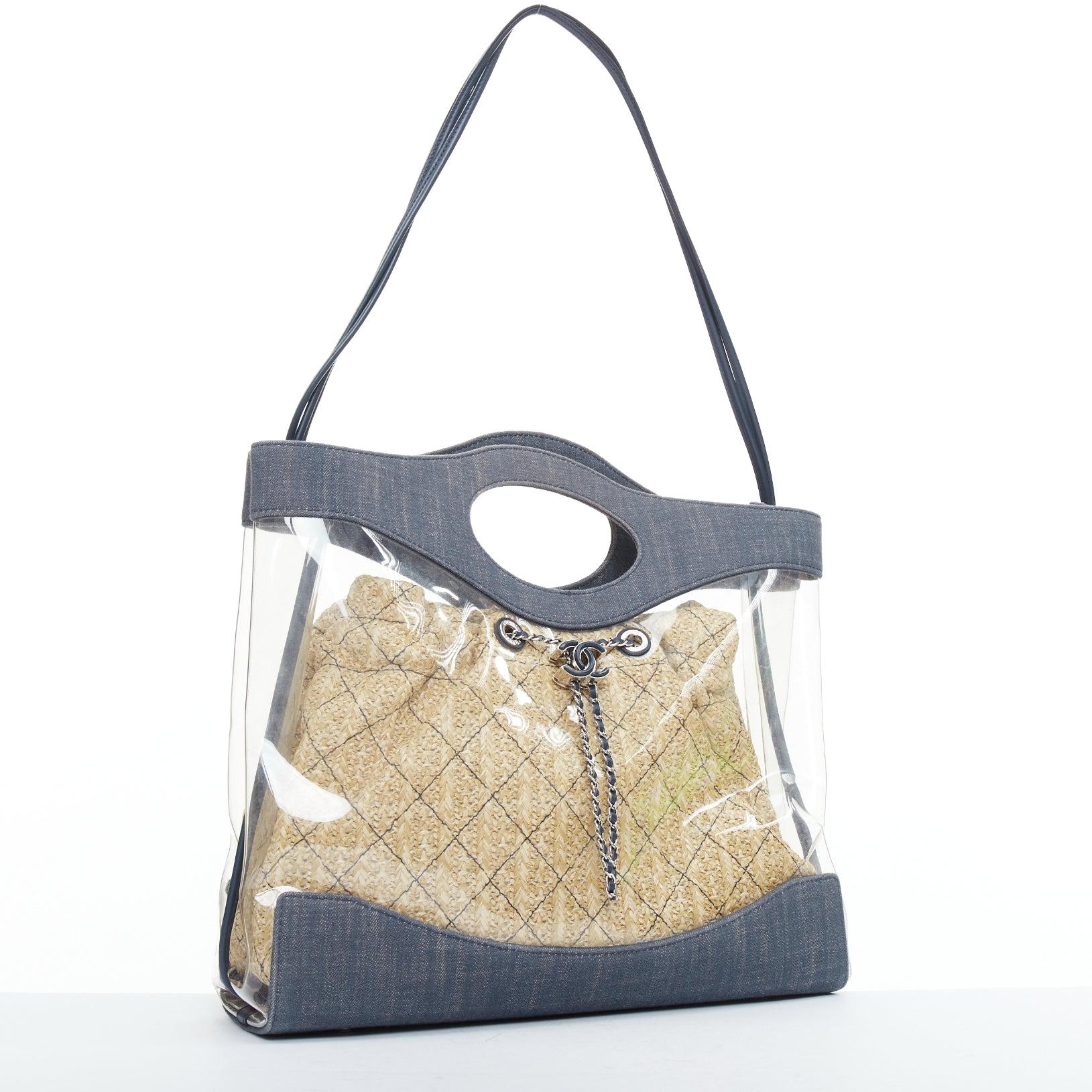 Gris CHANEL 2019 31 clear PVC denim trim beige raffia lined tote bag en vente