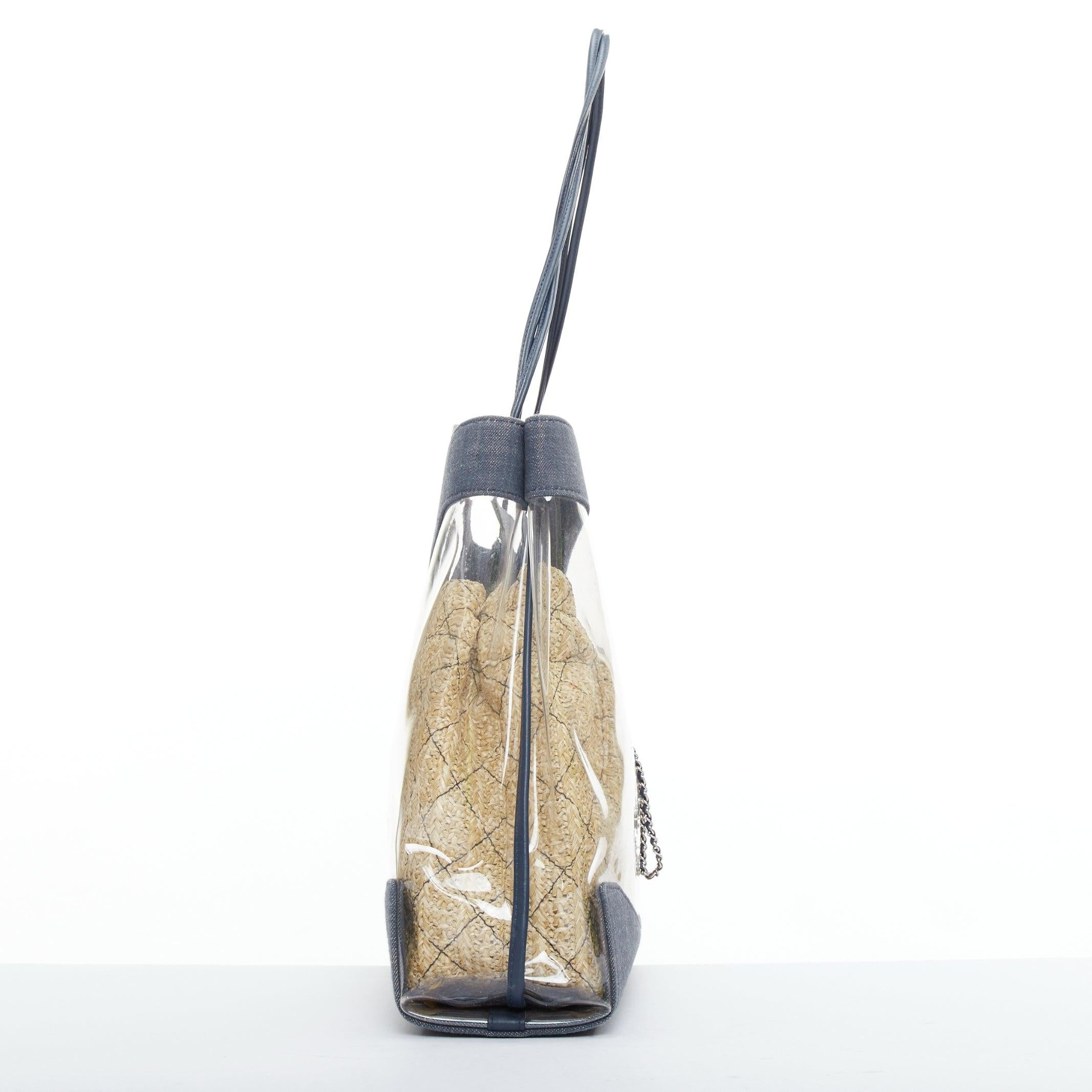 CHANEL 2019 31 clear PVC denim trim beige raffia lined tote bag Bon état - En vente à Hong Kong, NT