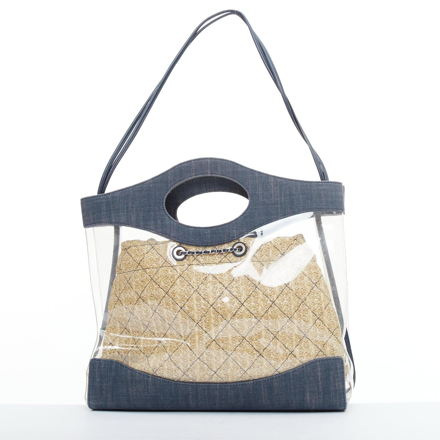 CHANEL 2019 31 clear PVC denim trim beige raffia lined tote bag Pour femmes en vente