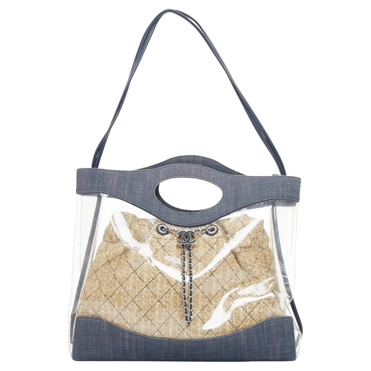 CHANEL 2019 31 bolso tote con ribete de PVC transparente y rafia beige