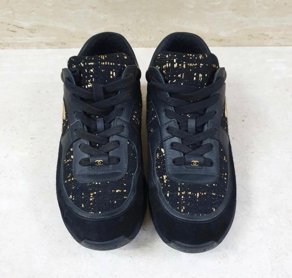 Chanel 2019 Black and Gold CC Logo Tweed Leather Sneakers