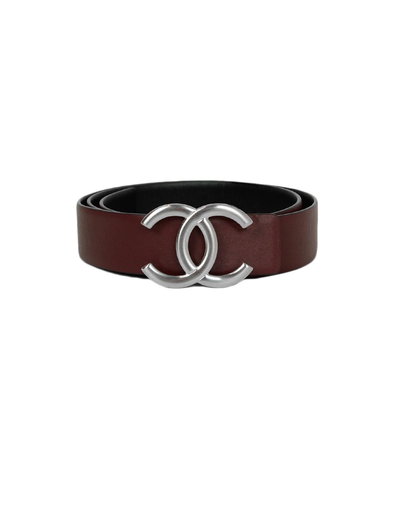 Chanel 2019 Black/Brown Reversible CC Belt sz 80

Made In: Italy
Year of Production: 2019
Color: Black, brown
Hardware: Brushed silvertone
Materials: Leather, metal
Closure/Opening: Peg hold closure
Overall Condition: Excellent pre-owned condition.