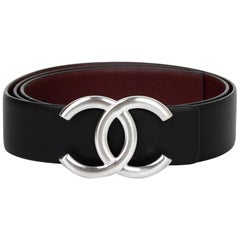 Chanel 2019 Black/Brown Reversible Silvertone CC Belt sz 80cm/32"