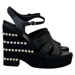 Chanel 2019 Black CC Logo Faux Pearl Platform Sandals Sz.38.5