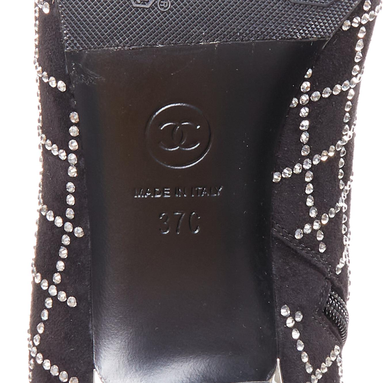 Chanel 2019 noir kid suede silver crystal CC logo acrylic heel boots EU37 en vente 5