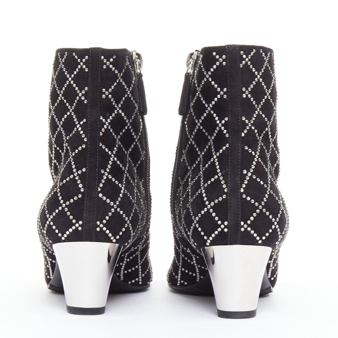 Chanel 2019 noir kid suede silver crystal CC logo acrylic heel boots EU37 Pour femmes en vente