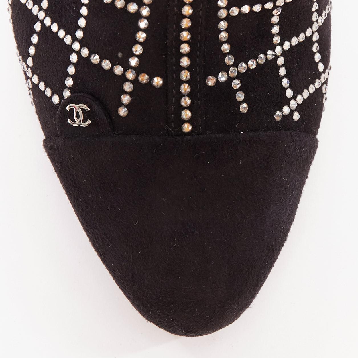 Chanel 2019 noir kid suede silver crystal CC logo acrylic heel boots EU37 en vente 1