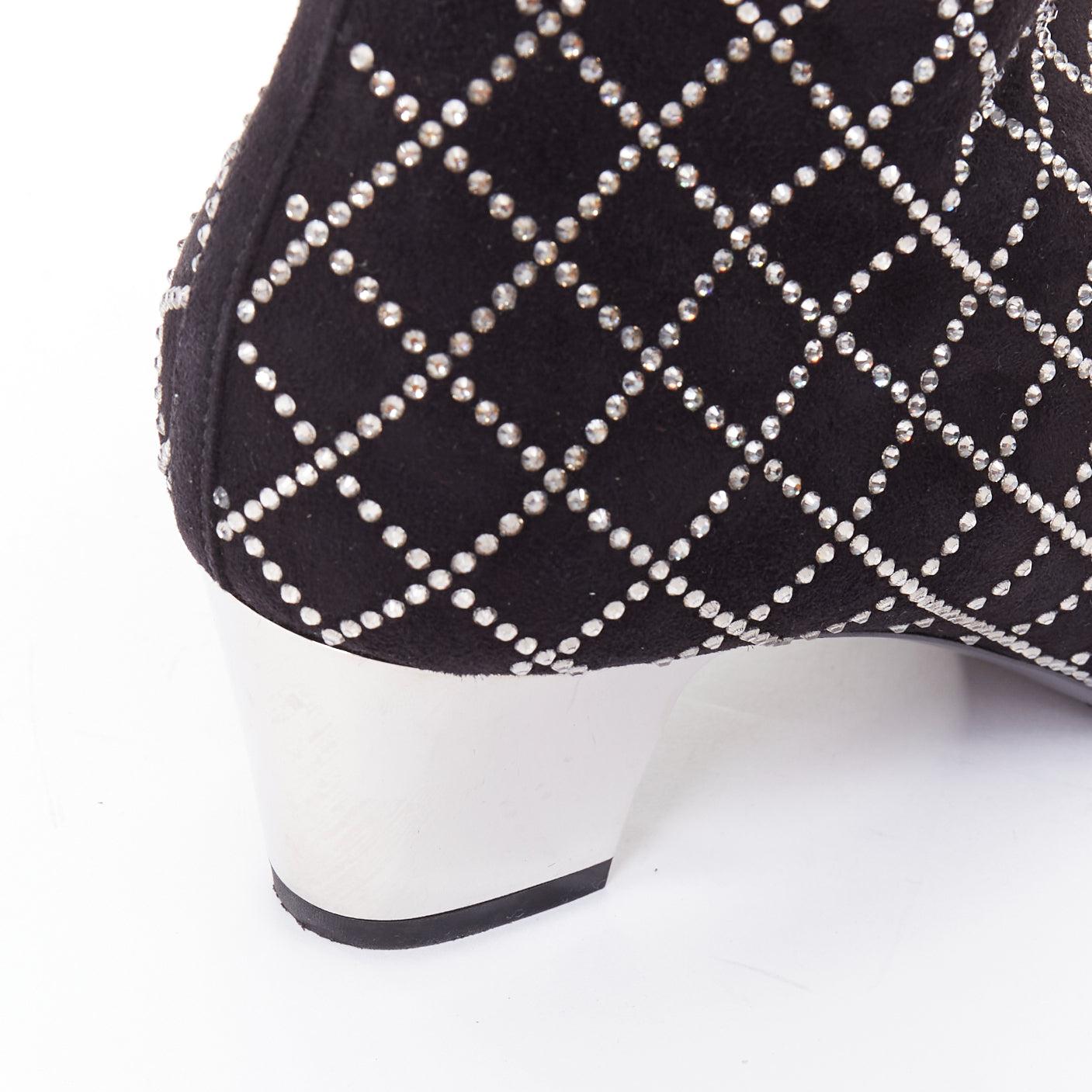 Chanel 2019 noir kid suede silver crystal CC logo acrylic heel boots EU37 en vente 3