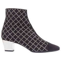 CHANEL 2019 black kid suede silver crystal CC logo acrylic heel boots EU37