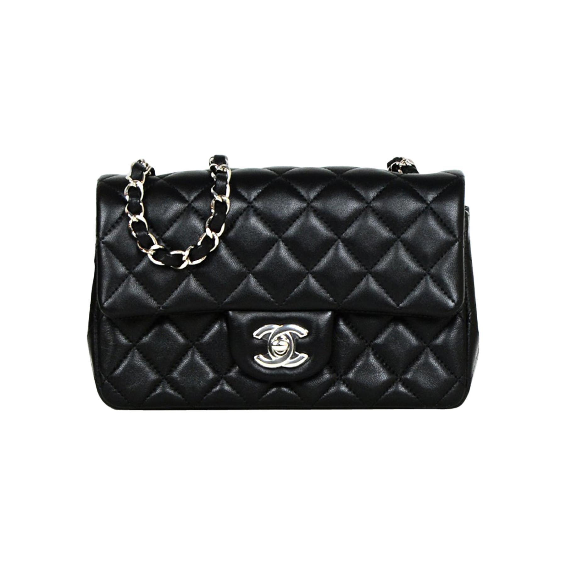 Chanel 2019 Black Lambskin Leather Quilted Mini Rectangular Classic Flap Bag