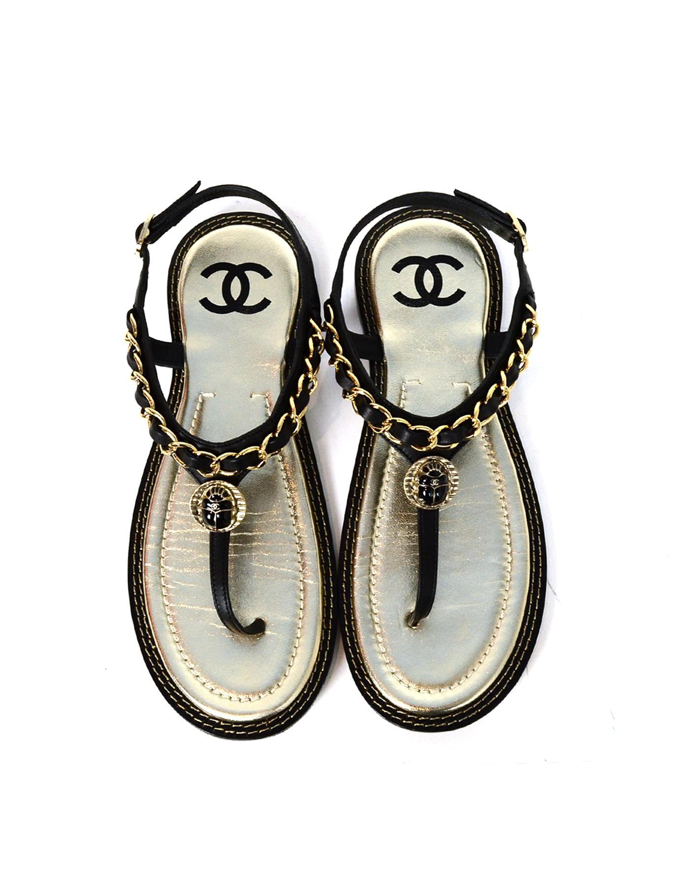 Chanel 2019 Black Leather Laced Chain Sandals w/ CC sz 38 rt. $925 In Excellent Condition In New York, NY