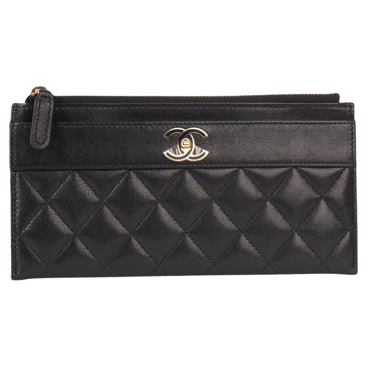 Chanel 2019 Black Leather Large Flap Quilted Card Holder For Sale