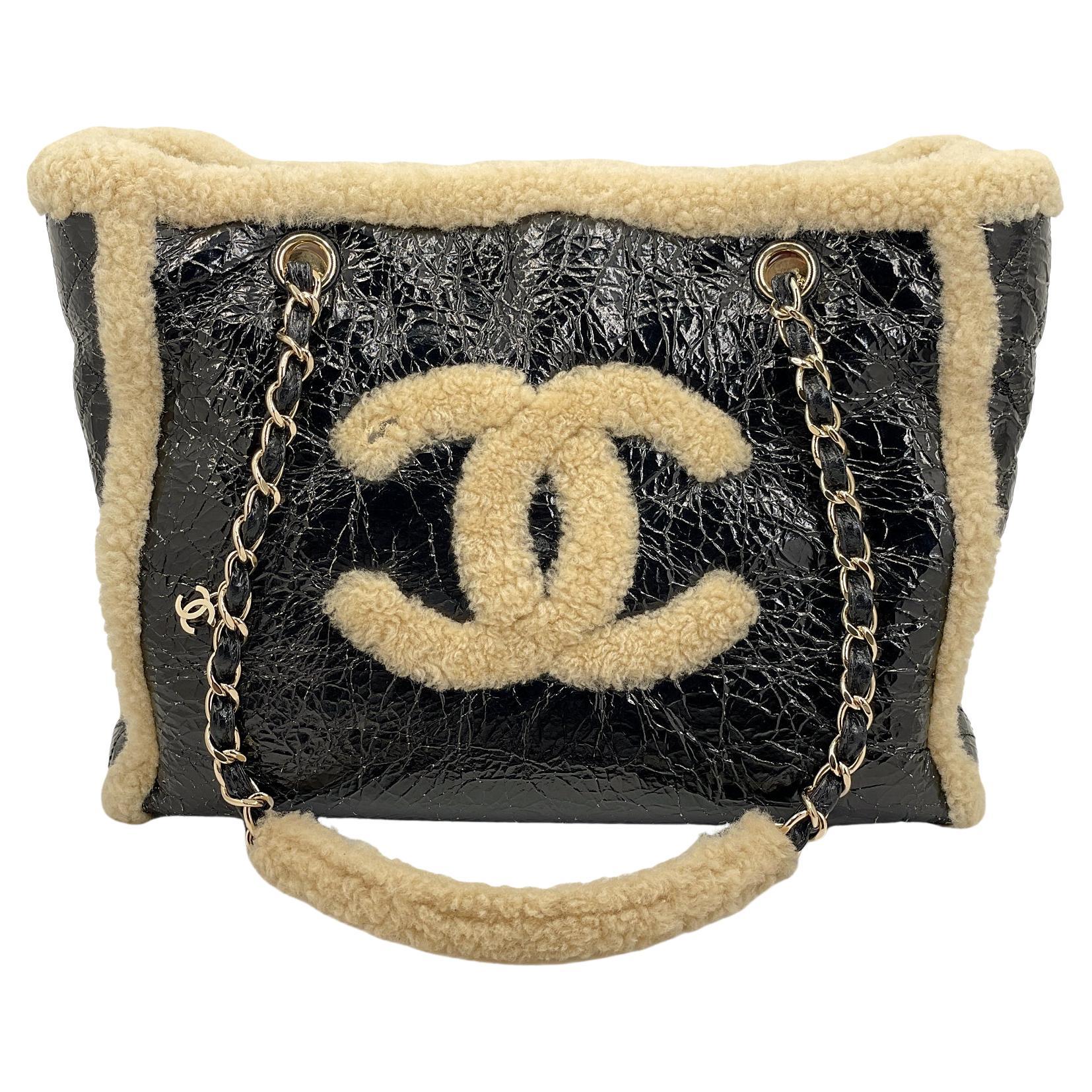 Chanel 2019 Black Shearling Shopper Tote Bag Distressed 68297