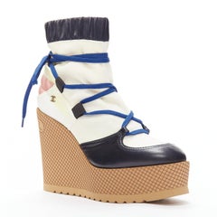 CHANEL 2019 black white pink CC logo platform wedge laced boots EU39