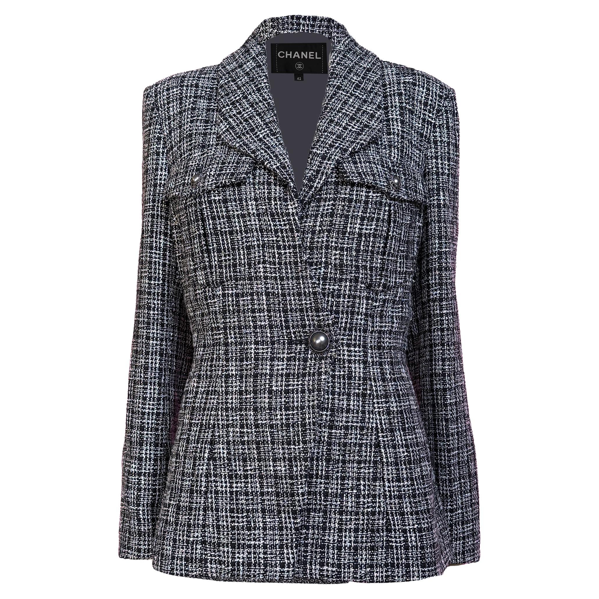 Chanel 2019 CC Bottoni di Perla Giacca in Tweed Nero 42 FR in vendita
