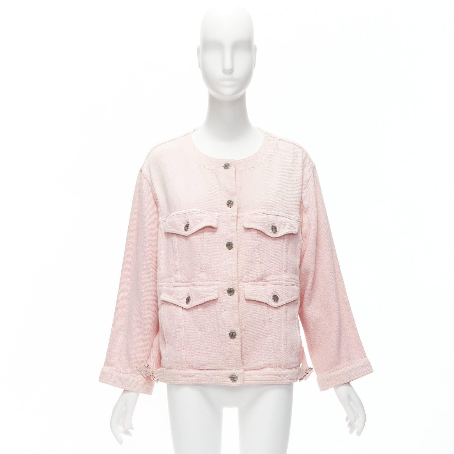 CHANEL 2019 cotton 4 pockets CC collarless oversized trucker jacket FR34 XS For Sale 5