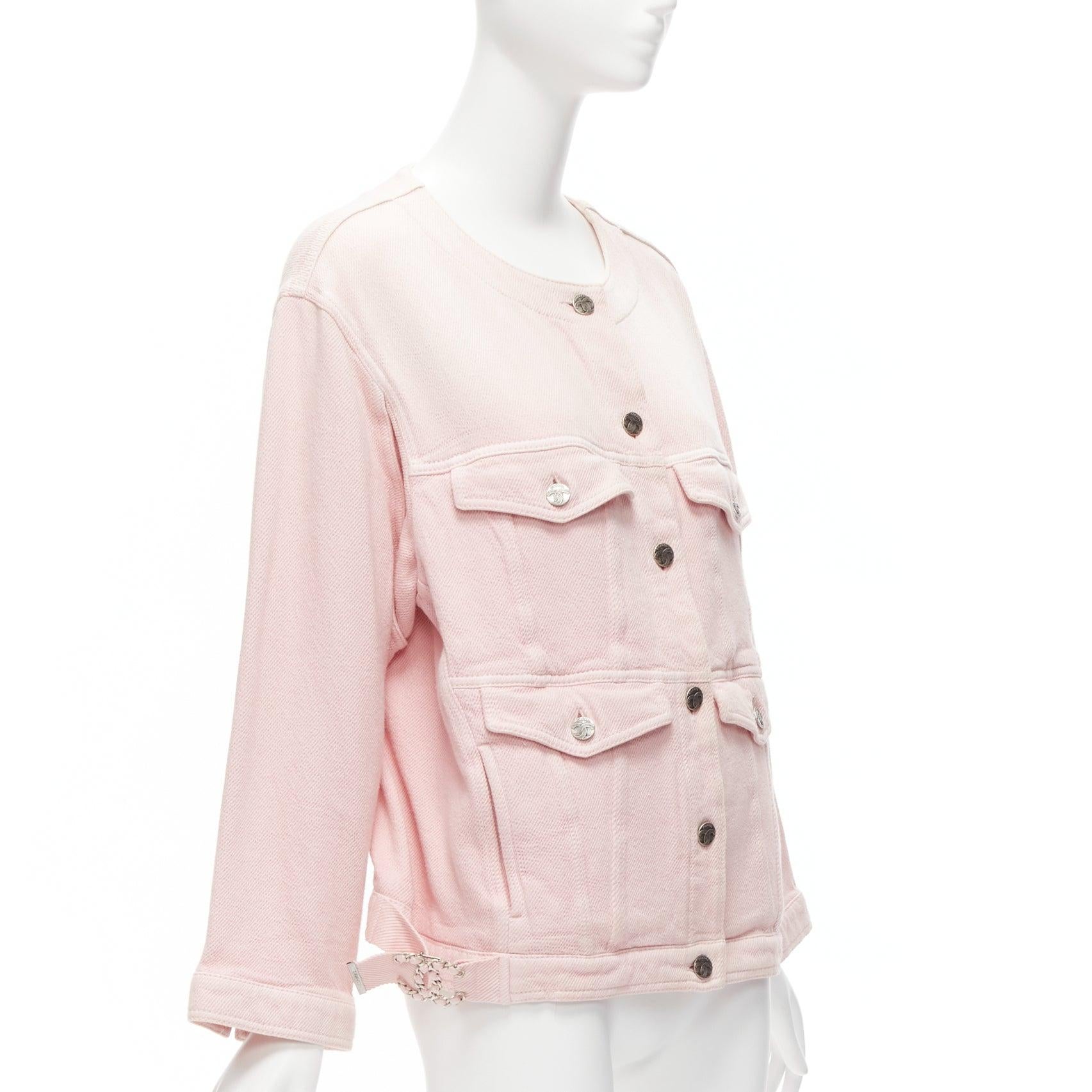 CHANEL 2019 cotton 4 pockets CC collarless oversized trucker jacket FR34 XS In Good Condition For Sale In Hong Kong, NT
