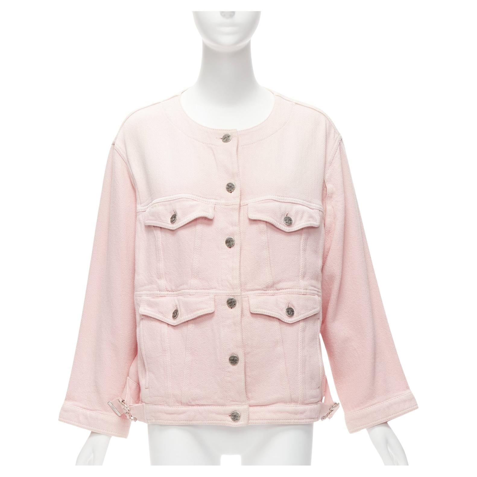 CHANEL 2019 cotton 4 pockets CC collarless oversized trucker jacket FR34 XS For Sale