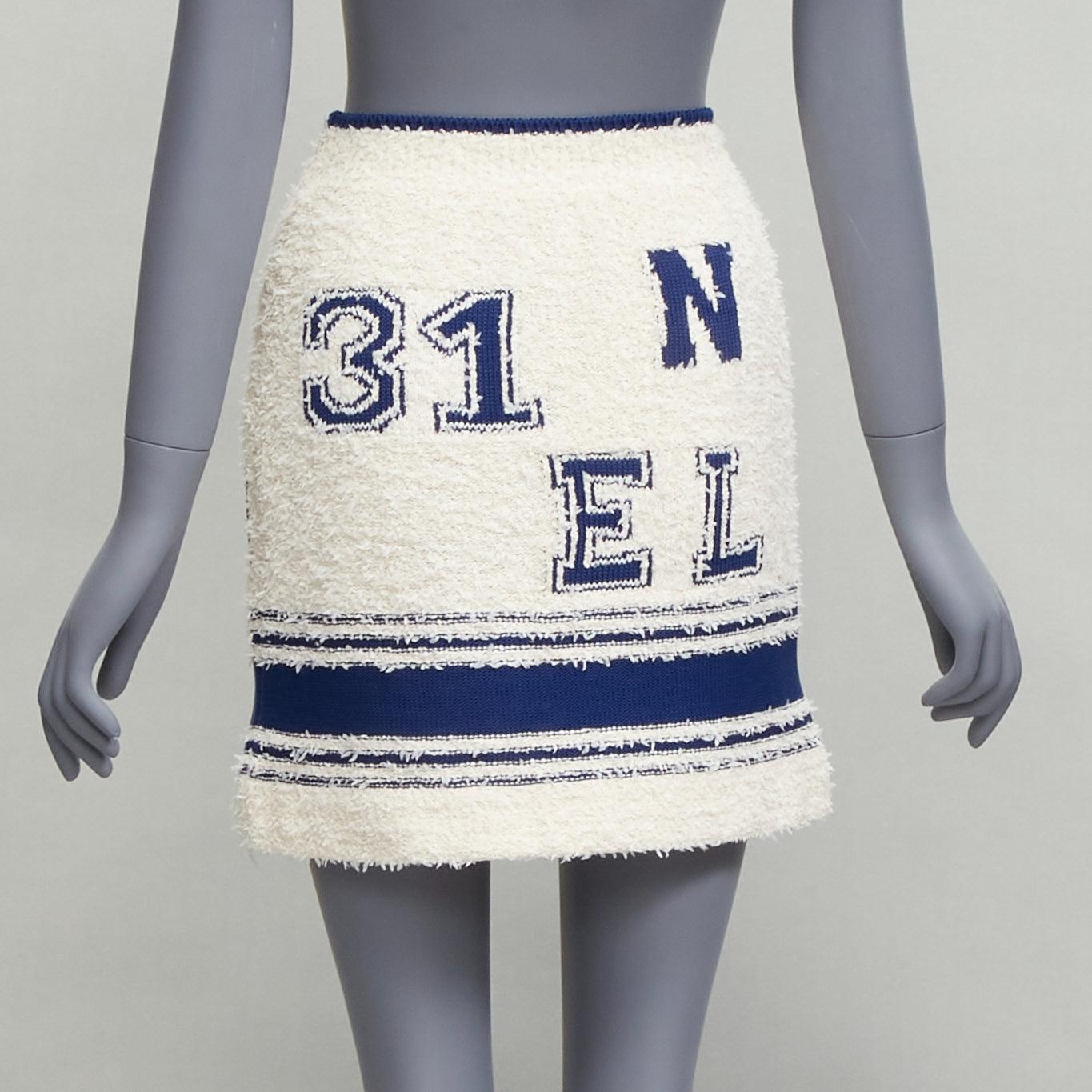 CHANEL 2019 cream boucle blue CC knit logo varsity short skirt FR36 S 1