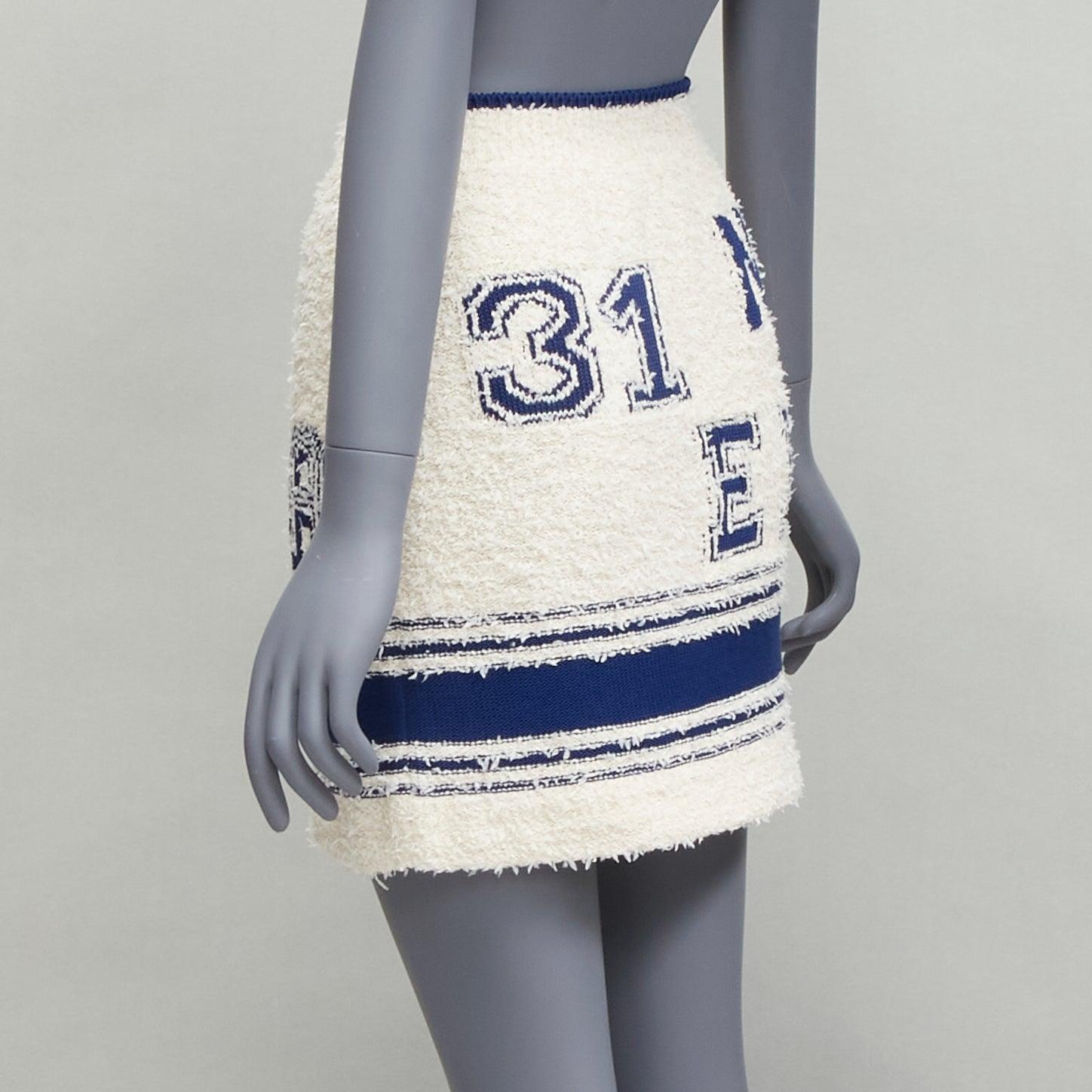 CHANEL 2019 cream boucle blue CC knit logo varsity short skirt FR36 S 2