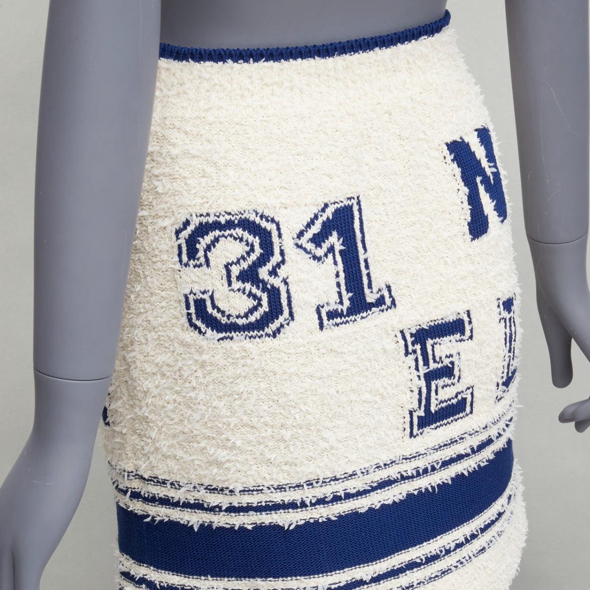 CHANEL 2019 cream boucle blue CC knit logo varsity short skirt FR36 S 3